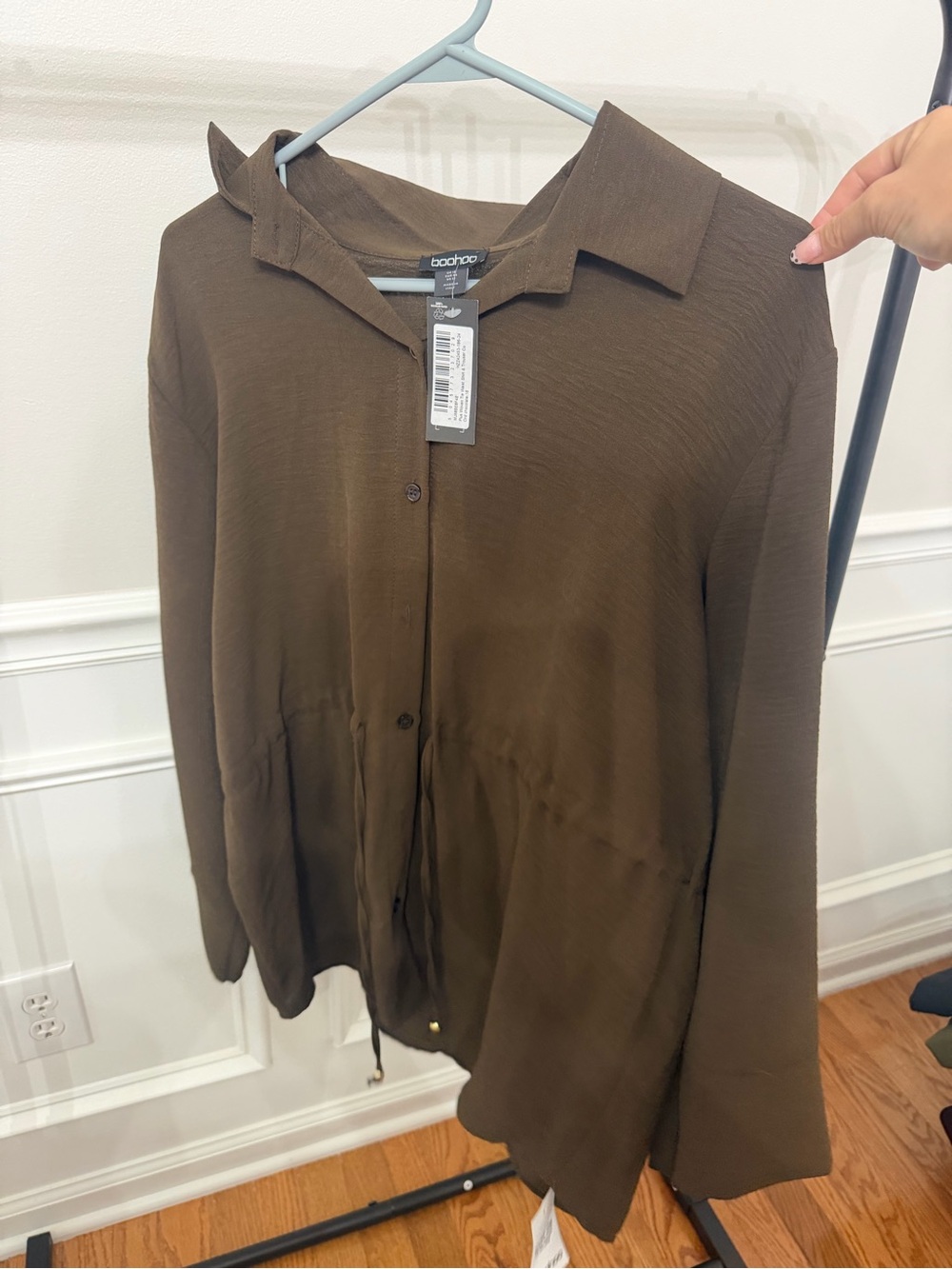 Boohoo Brown Button-Up Drawstring Waist Shirt